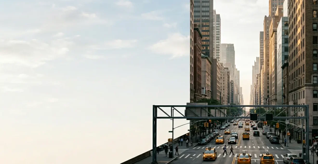 Urban Manhattan street scene showing morning commuters navigating the congestion pricing zone with modern transit and traffic infrastructure