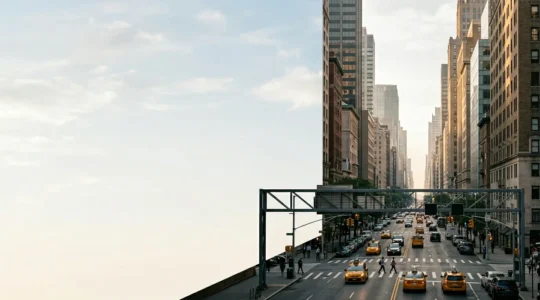 Urban Manhattan street scene showing morning commuters navigating the congestion pricing zone with modern transit and traffic infrastructure