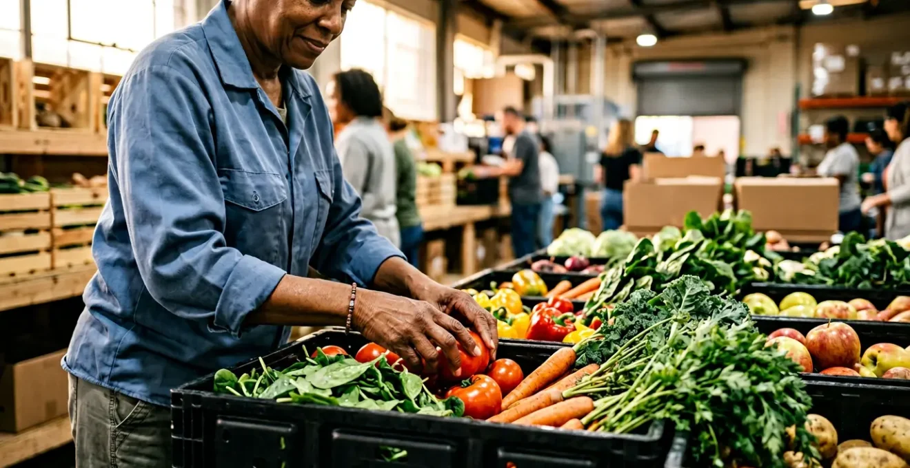 Volunteer organizing fresh produce at food distribution center showing real community impact