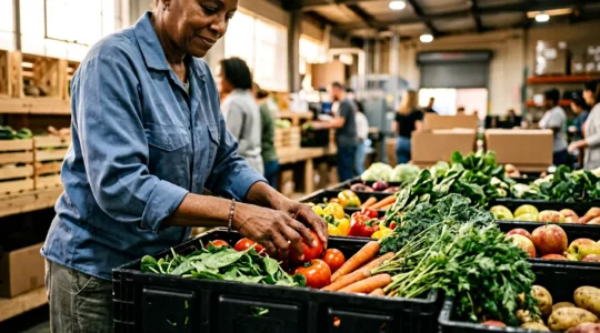 Volunteer organizing fresh produce at food distribution center showing real community impact