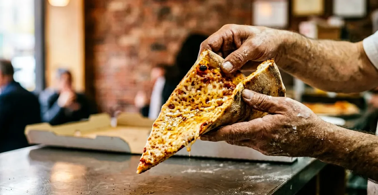 Close-up of hands expertly folding a classic New York-style pizza slice in half, demonstrating the iconic U-shaped fold technique against the backdrop of a bustling NYC pizzeria