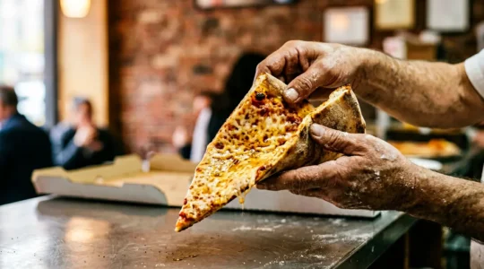 Close-up of hands expertly folding a classic New York-style pizza slice in half, demonstrating the iconic U-shaped fold technique against the backdrop of a bustling NYC pizzeria