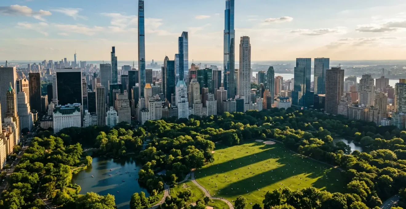 Manhattan skyline with supertall residential towers casting long shadows across Central Park's southern section