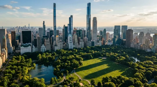 Manhattan skyline with supertall residential towers casting long shadows across Central Park's southern section
