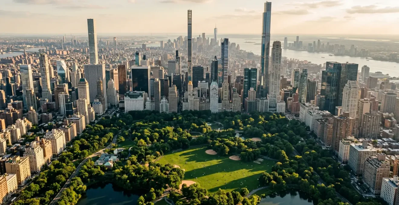 Aerial view of Manhattan's supertall skyscrapers casting dramatic shadows across Central Park's meadows at golden hour