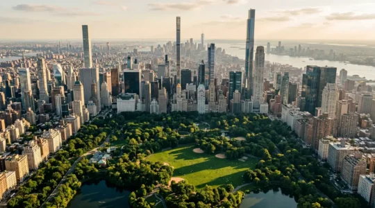 Aerial view of Manhattan's supertall skyscrapers casting dramatic shadows across Central Park's meadows at golden hour