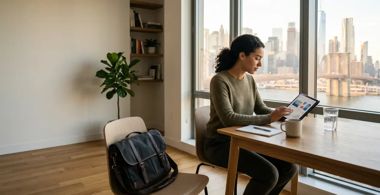 Busy professional reviewing volunteer schedule on tablet during morning routine in modern NYC apartment