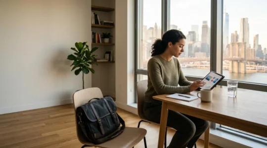 Busy professional reviewing volunteer schedule on tablet during morning routine in modern NYC apartment
