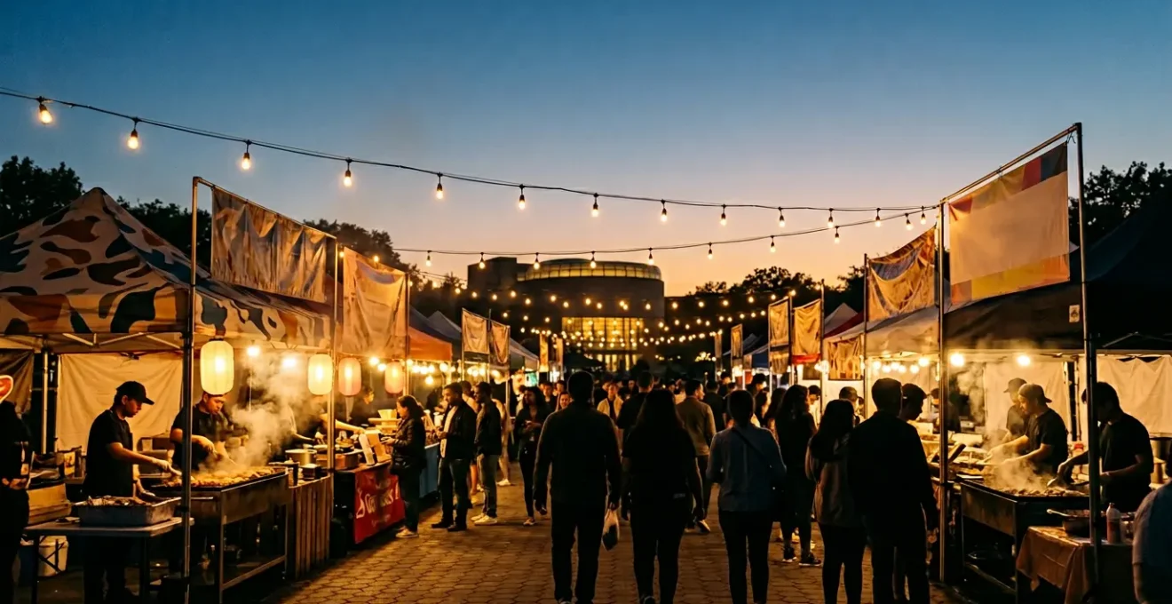 Vibrant nighttime food market scene with diverse vendor stalls and crowds enjoying international cuisine in Queens New York