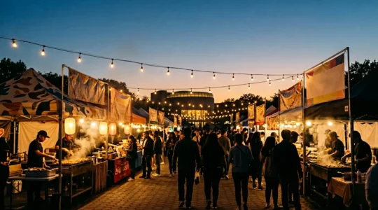 Vibrant nighttime food market scene with diverse vendor stalls and crowds enjoying international cuisine in Queens New York
