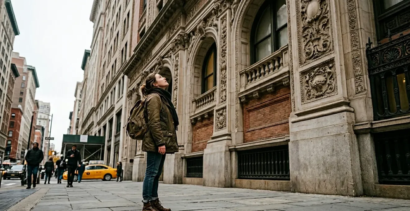 Urban explorer observing architectural details of historic NYC building during Sunday afternoon walk