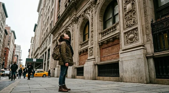 Urban explorer observing architectural details of historic NYC building during Sunday afternoon walk
