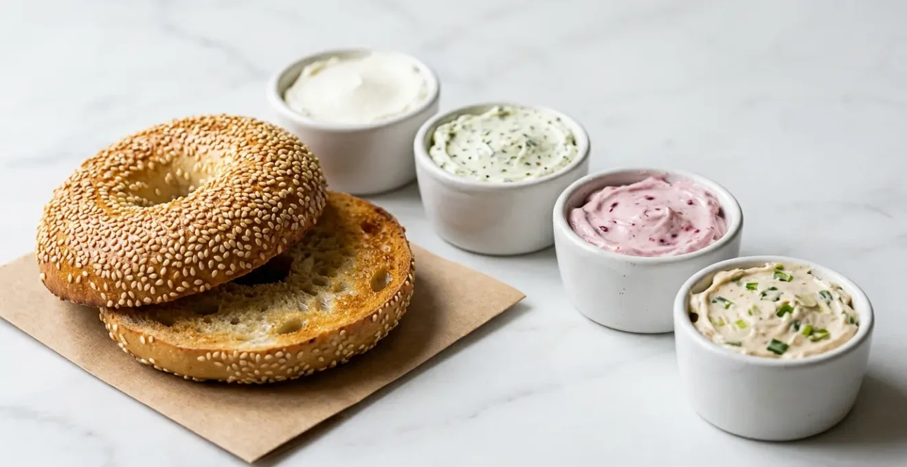 Close-up of a toasted sesame bagel with various cream cheese spreads arranged artfully for pairing comparison