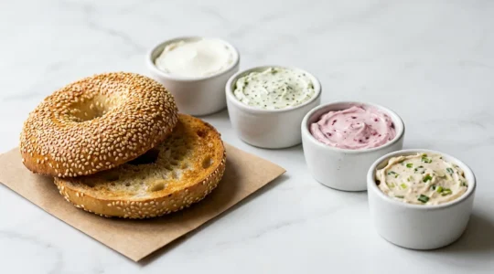 Close-up of a toasted sesame bagel with various cream cheese spreads arranged artfully for pairing comparison