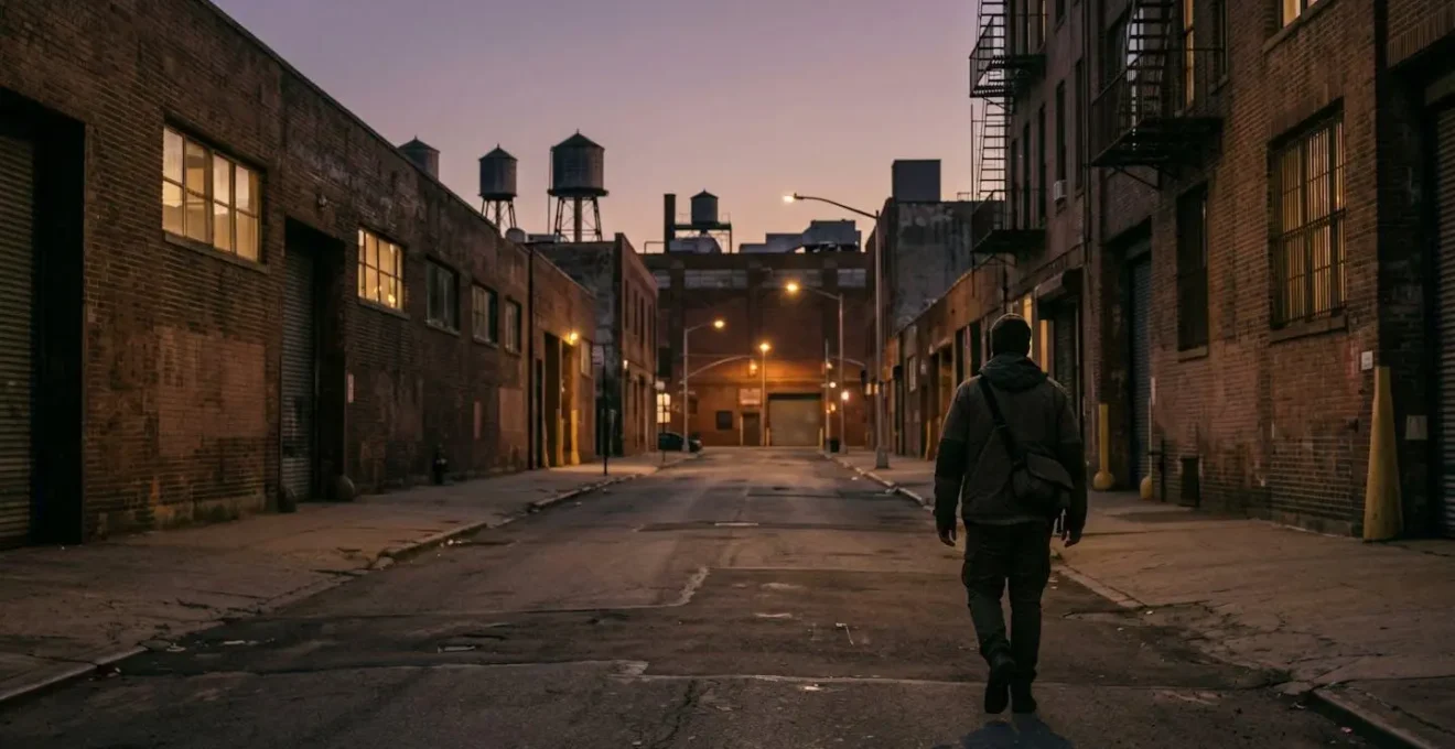 Solo individual navigating Brooklyn's nighttime industrial landscape with safety awareness