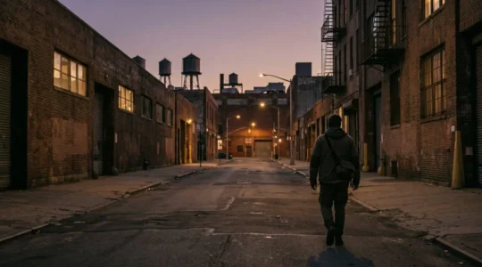 Solo individual navigating Brooklyn's nighttime industrial landscape with safety awareness