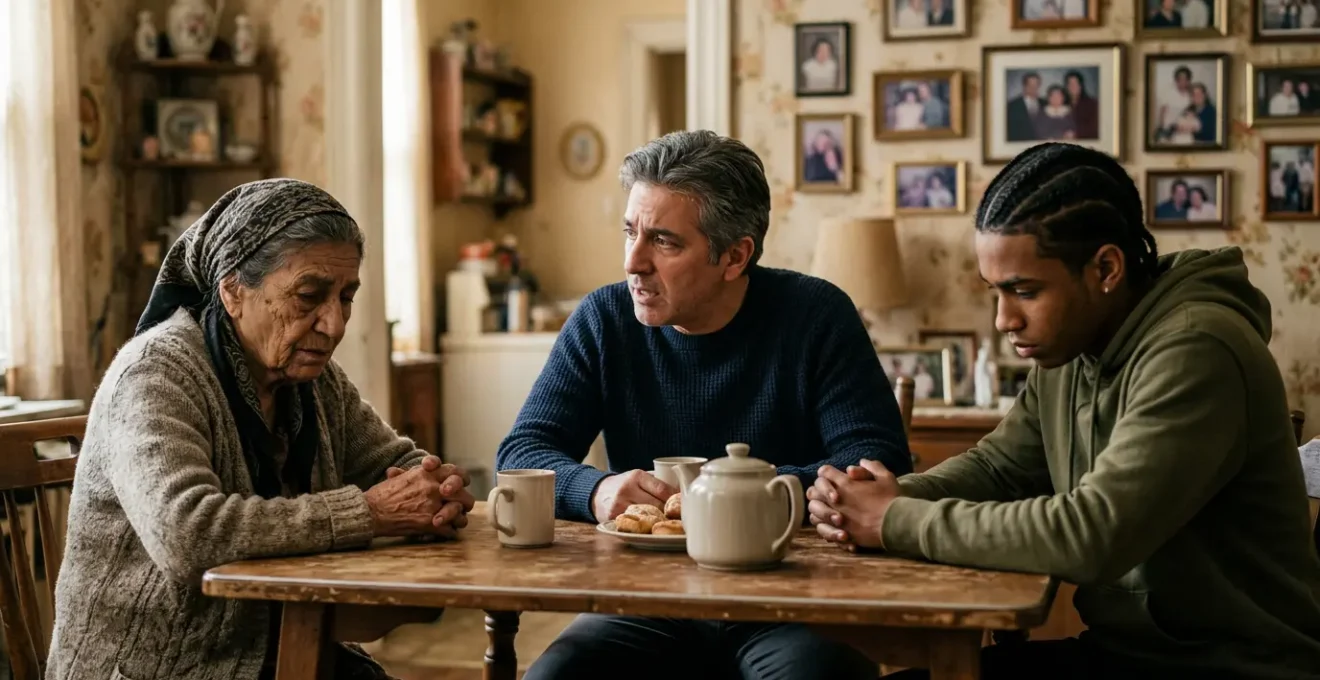 Multi-generational immigrant family members sitting together in a New York apartment, expressions reflecting emotional distance despite physical closeness