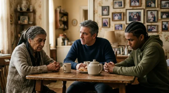 Multi-generational immigrant family members sitting together in a New York apartment, expressions reflecting emotional distance despite physical closeness