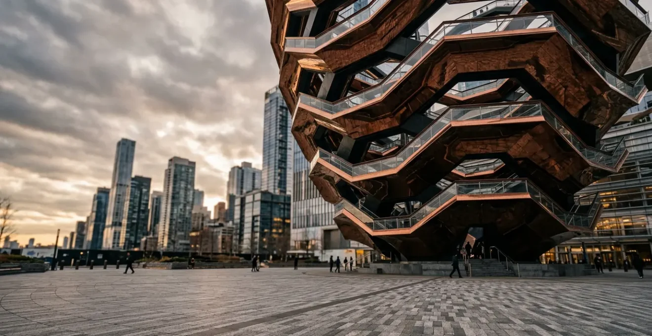 Modern architectural structure with geometric design raising questions about accessibility and public space