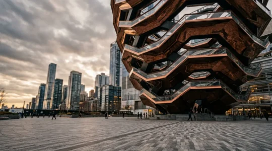 Modern architectural structure with geometric design raising questions about accessibility and public space