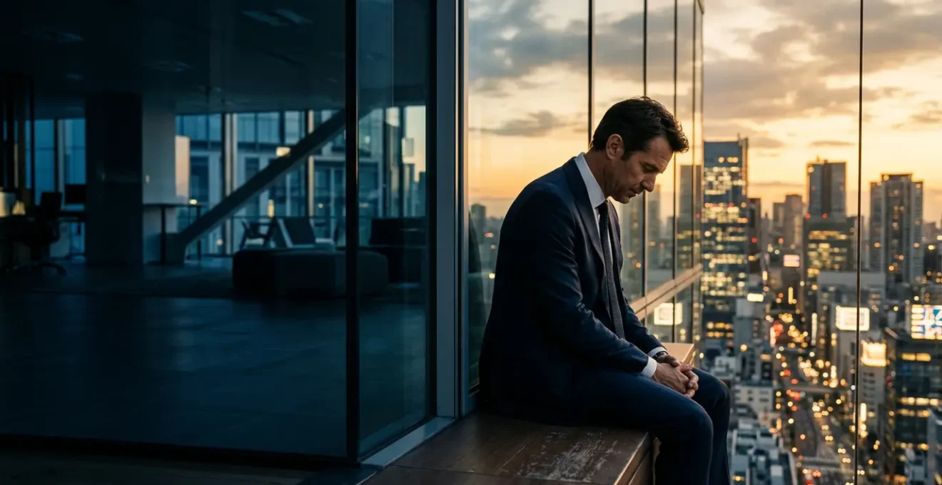 Professional editorial photograph capturing the exhaustion and pressure of Wall Street investment banking culture