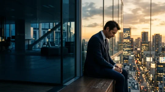 Professional editorial photograph capturing the exhaustion and pressure of Wall Street investment banking culture