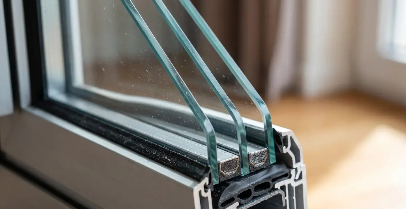 Close-up detail of high-quality double-pane window installation showing layered glass and sound-dampening materials in residential setting