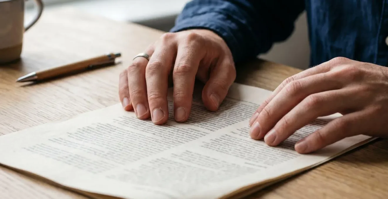 Close-up of hands holding and reviewing a professional contract with focused attention to details