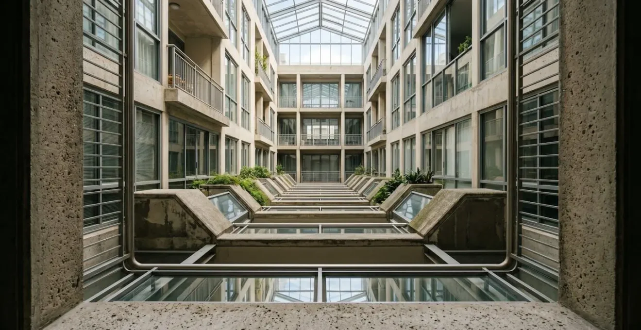 Vertical view through internal courtyard carved into converted building showing natural light reaching multiple floors