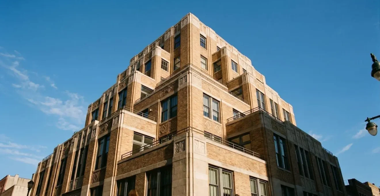 Dramatic upward view of Art Deco building setback creating ziggurat profile against sky