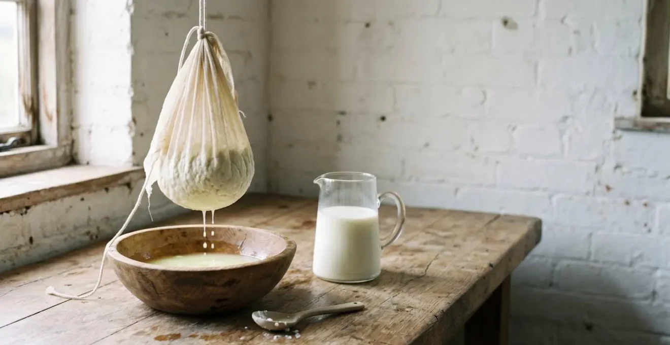 Artisan cream cheese draining through muslin cloth in a rustic dairy setting showing traditional cultured production method