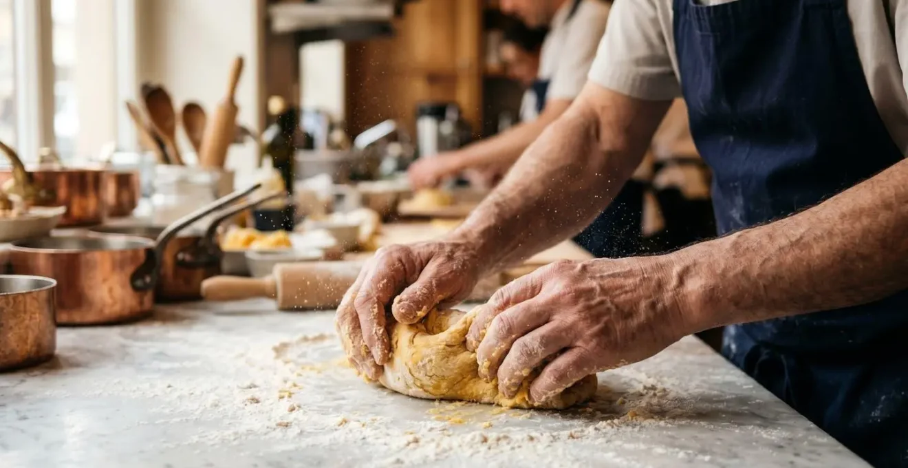 Close-up of skilled chef hands kneading fresh pasta dough with flour dusting on rustic marble surface