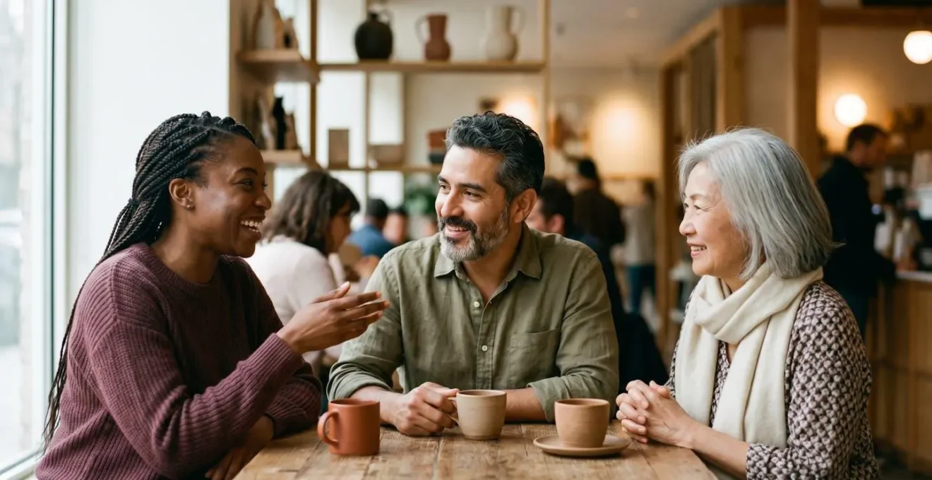 Candid scene of diverse people engaged in genuine conversation at urban coffee shop with natural lighting