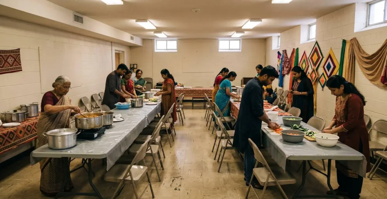 Intimate cultural gathering in a community center basement with multi-generational participants sharing traditional food and customs