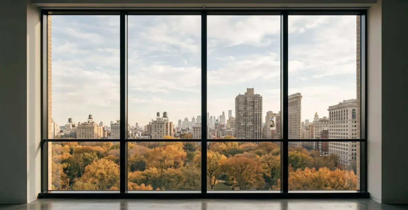 Atmospheric view through modern office window showing autumn trees in Madison Square Park with warm October afternoon light filtering through leaves