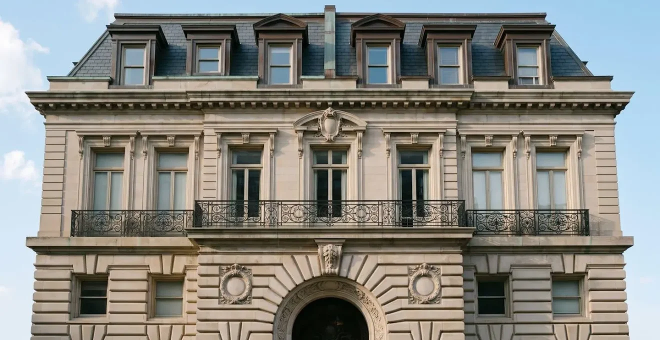 Beaux-arts apartment building facade showing contrast between ornate main entrance and modest upper-floor windows