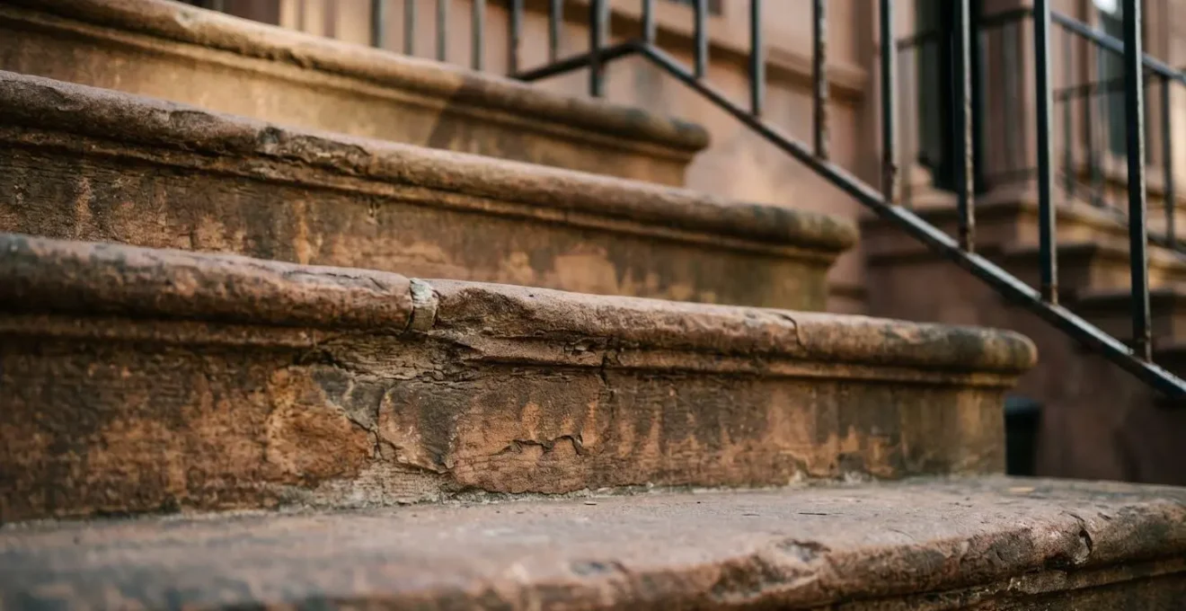 Weathered brownstone stoop steps showing age patina and masonry joint details