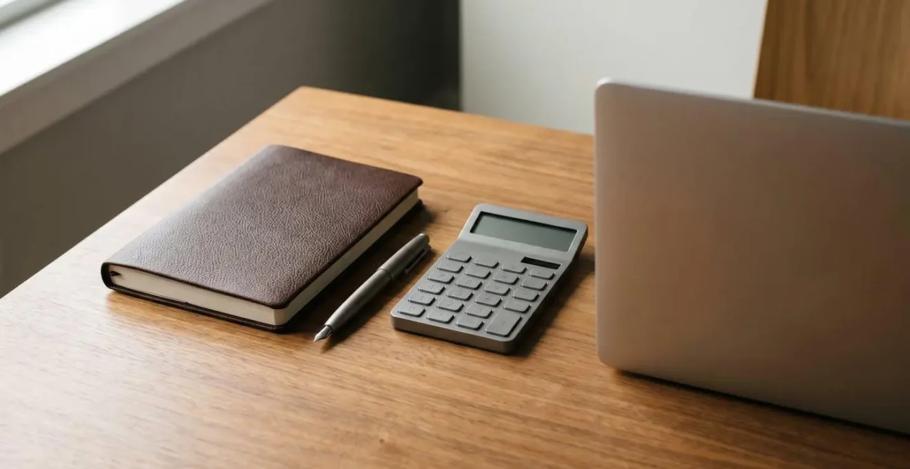 Overhead view of modern minimal workspace with financial planning materials and natural morning light