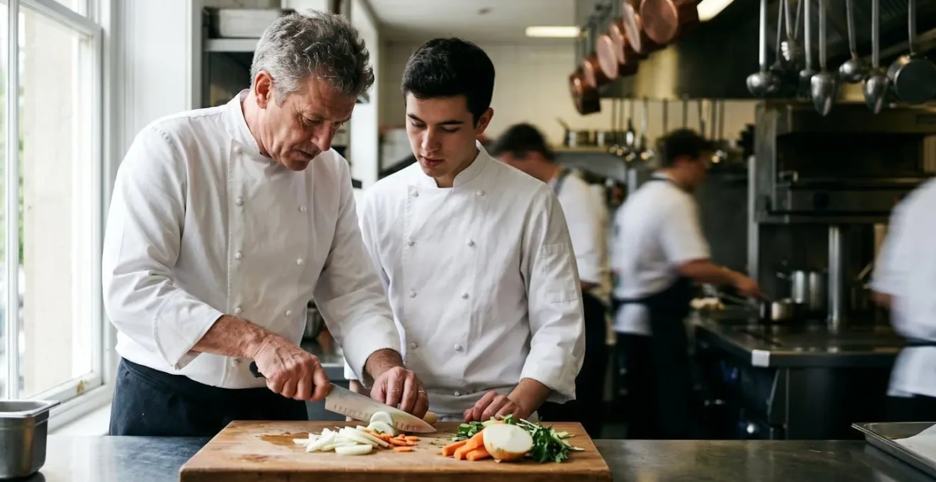 Professional kitchen scene showing culinary mentorship and technique demonstration