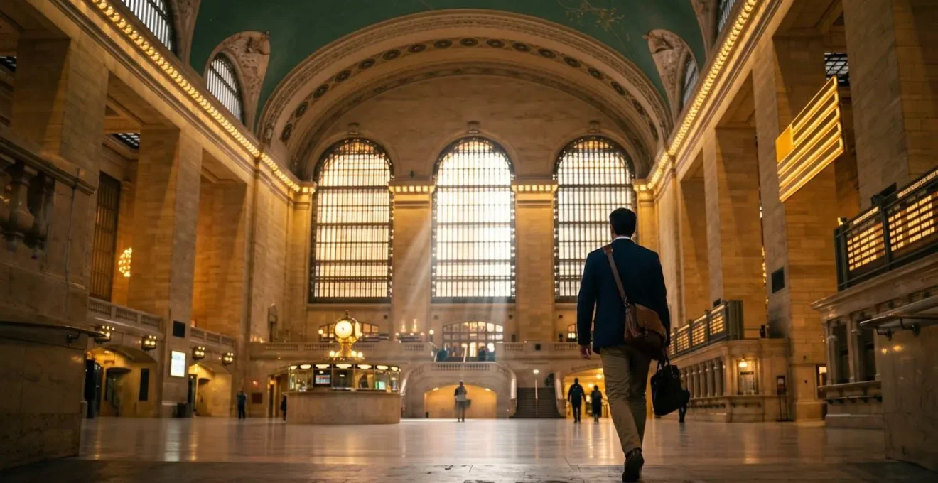 Commuter walking through Grand Central Terminal's iconic concourse during morning rush hour with natural lighting