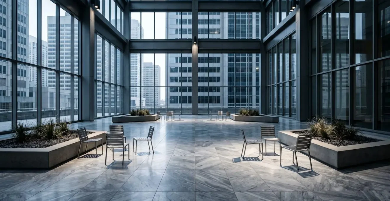 Sterile indoor corporate atrium with minimal seating and stark lighting design