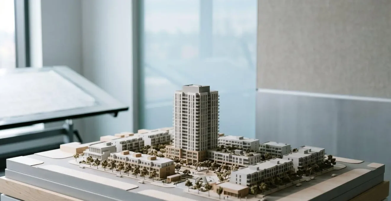 Architectural scale model of luxury residential tower with selective focus showing construction phases