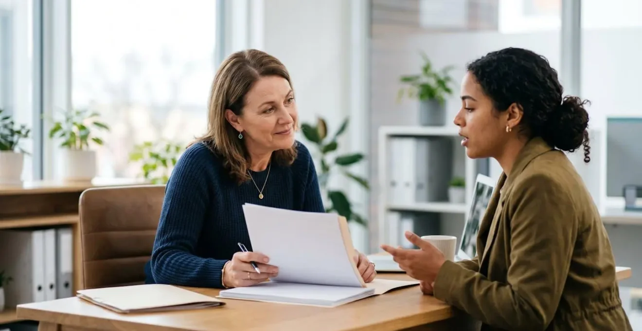 Individual consulting with assessment specialist in modern office setting for disability exemption verification