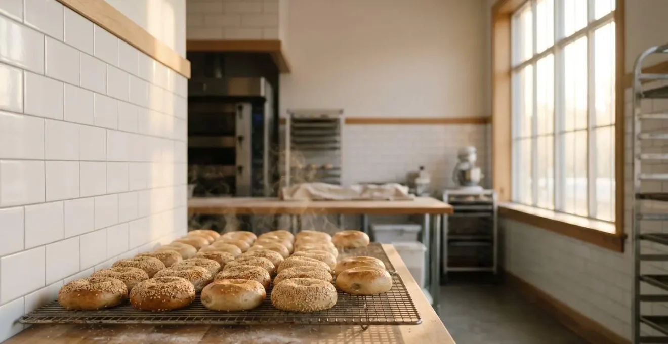 Atmospheric bakery scene with fresh bagels cooling in early morning light