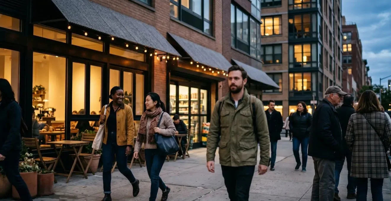 Street-level view of historic commercial district with new residential amenities and pedestrian activity