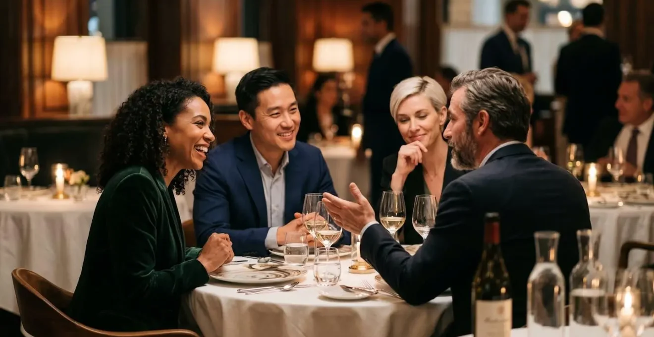 Intimate dinner table scene with warm candlelight capturing authentic conversation between entrepreneurs and investors in upscale NYC restaurant setting