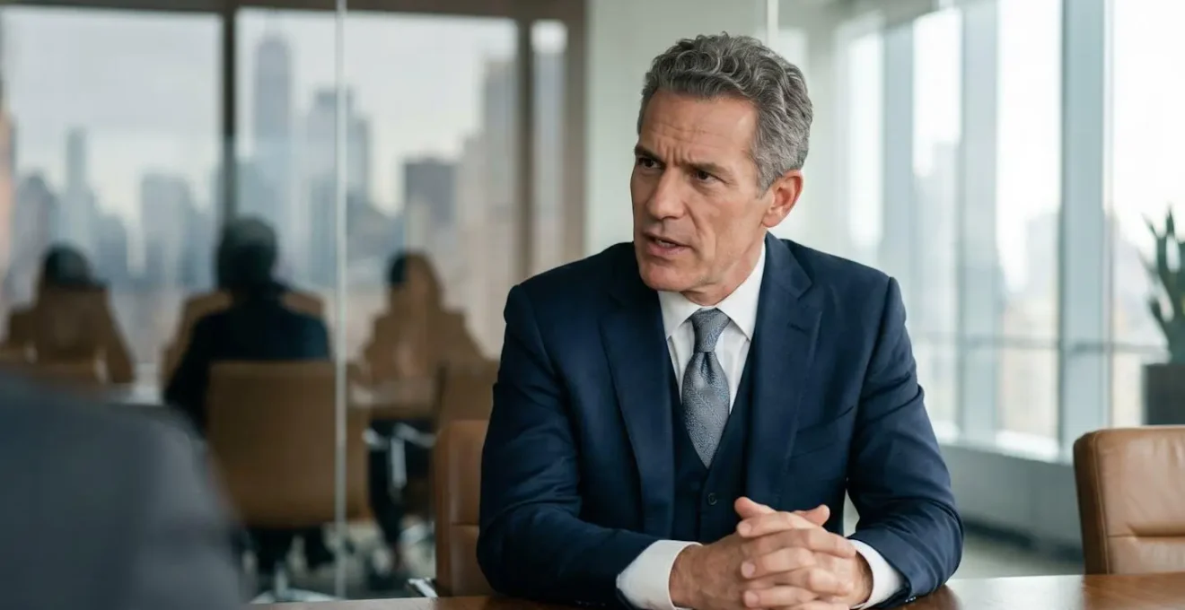 Executive candidate in high-stakes boardroom interview with search committee