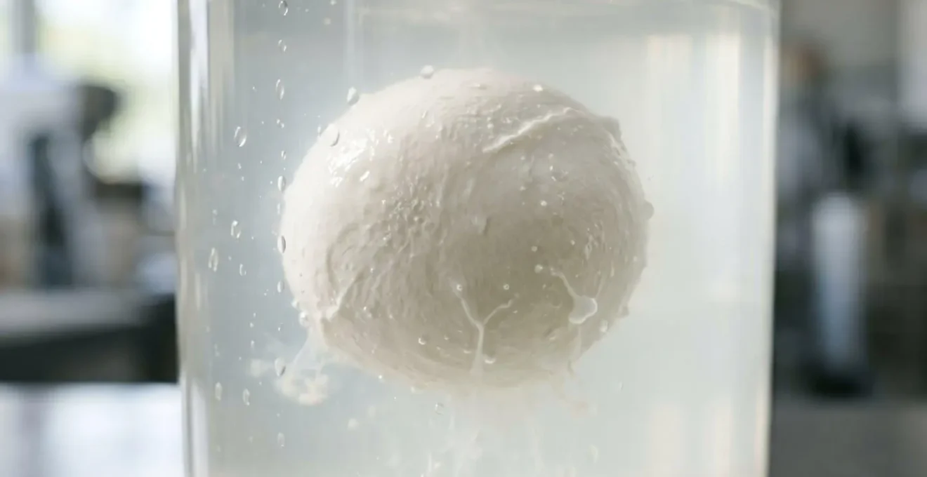 Macro photograph of fresh mozzarella ball in cloudy milky brine water showing authentic artisan production