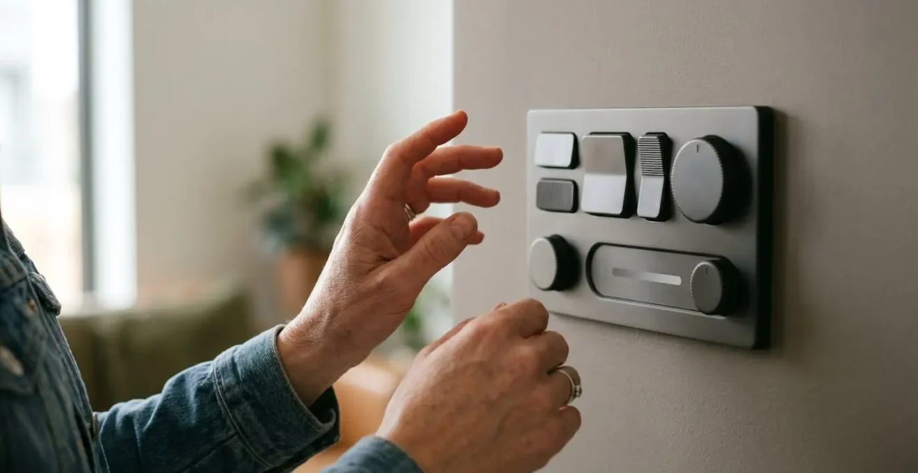 Close-up of hands adjusting a modern smart home climate control interface showing complexity of settings