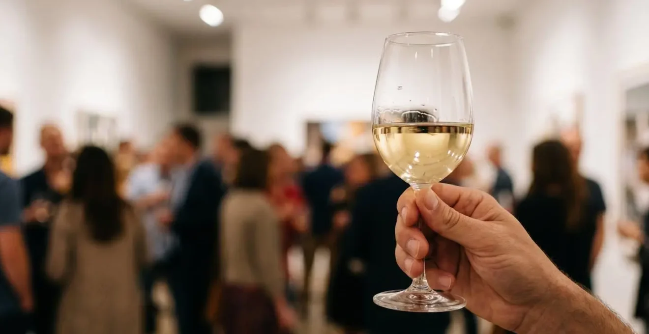 Close-up of a hand holding a wine glass at a gallery opening with blurred crowd in background